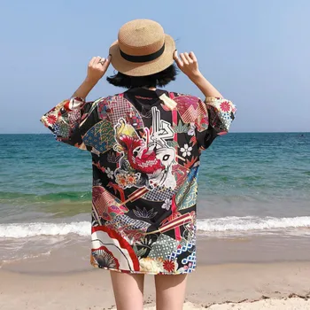 Japonski 2020 Plaži, Poletne Ulične Svoboden Sonce Oblačila Grafiti Kimono Jopico Tanko Plast Yukata Vzročno Bluzo Majica Haori Obi
