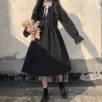 Kawaiii Lolita Harajuku Street Fashion Svoboden Japonski Sladko Dolgo Polo Ovratnik Black Dolg Rokav Obleka Ženske