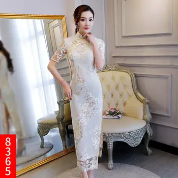 Kitajski Slog Dolgo Cheongsam Modi Nove Ženske Čipke Elegantno Vitek Qipao Večer Stranka Obleko