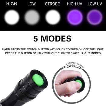 LED UV Svetilka UV Svetlobo T6 white light LED Svetilko Svetlobe 5Mode Zoomable 395nm Ultra Vijolična Svetloba Blacklight za 18650 Baterije
