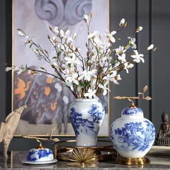 Luksuzni Vaza Doma Cvetlični Aranžma Cvet Dnevno Sobo, Moderno Modre In Bele Porcelanaste Dom Dekoracija Dodatna Oprema Jar Okraski