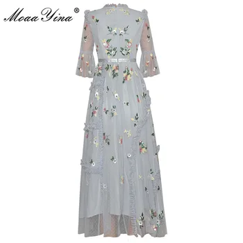 MoaaYina Modni Oblikovalec obleko Pomlad Ženske noše Flare Rokav Ruffles Očesa Sequined Elegantne Obleke