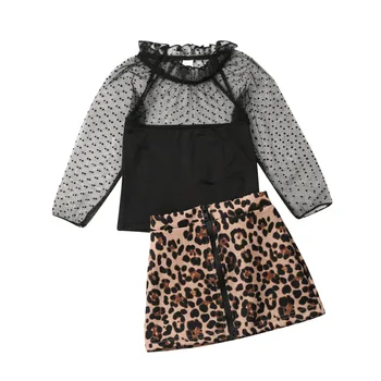 Moda Jeseni Malčka, Dekleta Obleke Obleko z Dolgimi Rokavi Čipke Šifon Pika Vrh+Leopard Krila 2Pcs Otroci, Otroci, Oblačila, ki