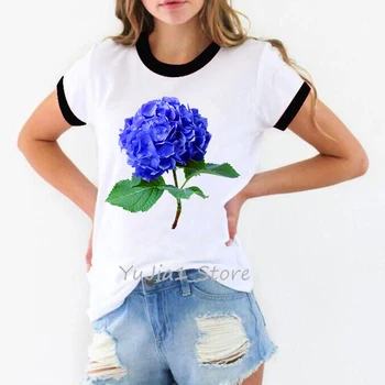 Modra Hydrangea cvet print majica s kratkimi rokavi ženske kawaii tshirt tumblr obleke poletje vrh ženska t-shirt ženska oblačila plus velikost tees