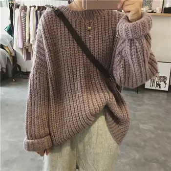 Oversize retro svoboden plesti pulover ženske 2020 jeseni, pozimi novi korejski slog debele volne čiste barve puloverju O-vratu jopica