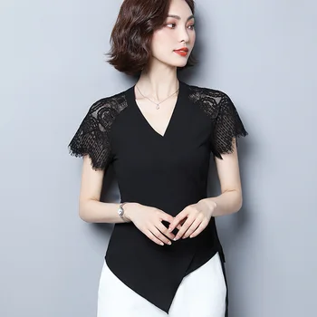 Plus velikost ženske bluzo 2021 poletje kratek rokav čipke šifon bluzo ženske majice proti-vrat trdna črno bluzo ženske vrhovi 4950 50