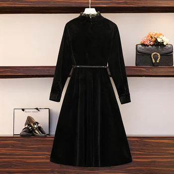 Plus velikost ženske čipke mozaik črno žametno obleke za ženske eleganten dolg rokav A-linija obleke 2020 jeseni letnik vestidos