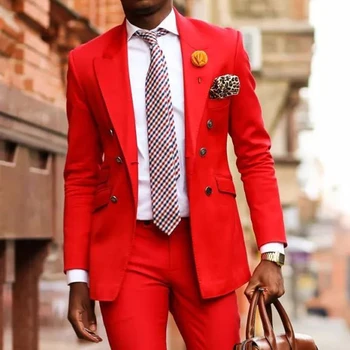 Rdeča Priložnostne Obleke za Maturantski ples Mens z Dvojno Zapenjanje 2 Kos Afriške Fant Poroko Jopičem Jakno, Hlace Moški Modni Design