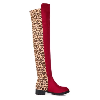 REAVE MAČKA Novo Fahion Leopard nad kee čevlji za ženske Nizke Pete Ravno Stegno visoki škornji Dekle Priložnostne zimske čevlje velikih velikosti 44