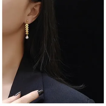 Rose gold plated iz nerjavečega jekla listov spusti uhani za ženske uho dodatkov, modnih simulirani pearl visijo earings nakit