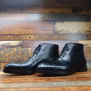 Sipriks Pravega Usnja, Črna Obleka, Škornji Za Moške Mode Italijanski Dogovorili Goodyear Welted Čevlji Cap Toe Oxfords Boot Šef Delo
