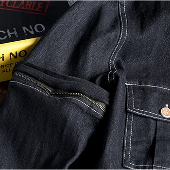 Sokotoo Moške vezenje dolgo snemljivi rokavi črne denim jumpsuits Priložnostne vezene žepi tovora jeans Kombinezon hlače