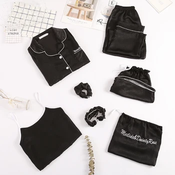 Tonngirls 7 Kosov Set Sleepwear Solid Black Ženske Pižame Nastavite Pomlad Poletje Udobno Doma Obleko Za Ženske 2021 Homewear