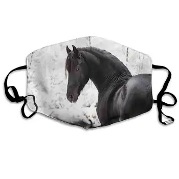 Udobno Natisnjeni masko,Črna Friesian Šport Konj Portret na Zasneženi Zimski Ozadju Novost Sliko,Windproof Obraza
