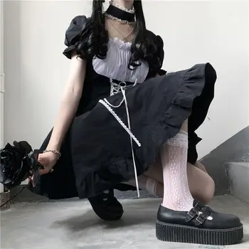 Viktorijanski Black Gothic Lolita Poletje Obleko Japonski Dekle Punk Stil Puff Rokav Povoj Obleka Ženske Obleke Harajuki Vestido