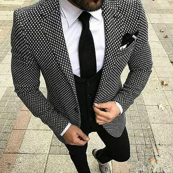Vintage Moških Oblačil Houndstooth Tkanina Poročna Obleka Za Moške 2020 Mens Jopič Mens Suknjič Ustreza 3 Kos Tuxedos Moški Jopič