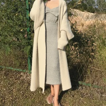 Visoka kakovost jopico ponaredek mink kašmir volne suknjič oversize Moda Dolgimi Puloverji Jeseni Tople Ženske Plašče abrigo mujer
