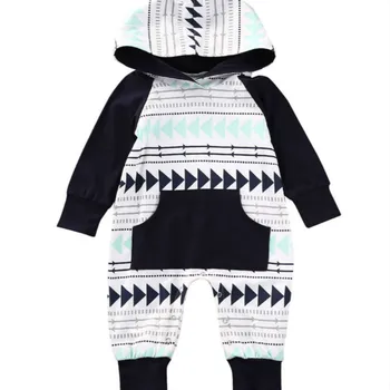Vroče Prodajo Začetne Newborn Baby Fantje Preplete Hooded Geometrijske Romper Jumpsuit Polno Raglan Rokav Bombaž Jeseni Aktivno Obleke