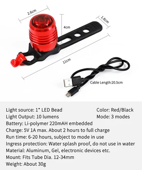 WEST KOLESARJENJE Kolo Zadnje Luči USB za Polnjenje 3-Mode Varnost Opozorilo Kolo Lučka Zlitine Rdeče Bele Svetlobe, Barve, Kolesarjenje Luč