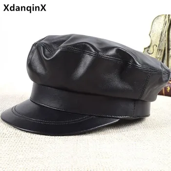 XdanqinX žensk pravega usnja klobuk vojske Vojaške Kape moške ovčje usnje skp Punk retro usnje klobuk blagovnih znamk črne kape