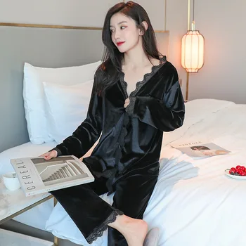 YRRFUOT Jeseni, Pozimi Ženske Žamet Pižamo Dolgo sleeved Svoboden korejski Jopico Čipke Proti-vrat Seksi korejski Dva kosa Homewear Ženske
