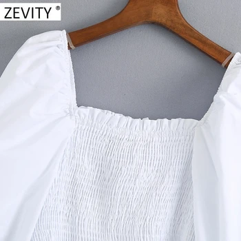 Zevity Nove ženske elegantne kvadratnih ovratnik elastična poplin delavska bluzo ženske puff rokav slim bele srajce elegantna odrezana vrhovi LS7033