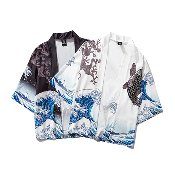 Črn Kimono Jopico Ženske Moški Japonski Obi Moški Yukata Moške Haori Japonski Val Krap Tiskanja Plašč Tradicionalna Japonska Oblačila