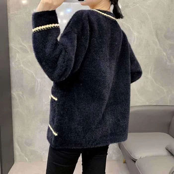 Črna Imitacije Mink Flis Jakna Za Ženske Elegantne Pearl gumbi Long Sleeve Vintage Plašč Ženski Modni korejski Elegantna Vrhnja oblačila