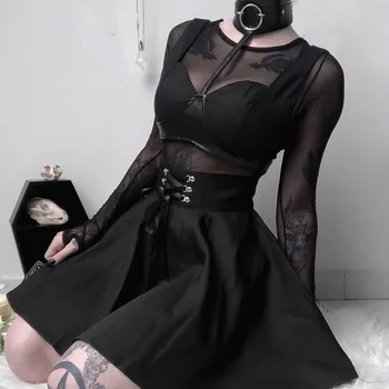 Črna Temno Goth Lolita Ženska Naguban Krila 2020 Lady Nazaj Zadrgo Visoko Pasu Povoj Čipke-up Lok Punk Gothic Hipster Mini Krilo