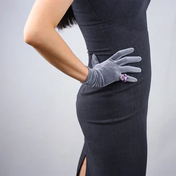 Črni Žamet Rokavice Sive Kratke 22 cm Ženske, Visoko Elastična Žamet Flanela Moda Elegantno Rokavice TB14