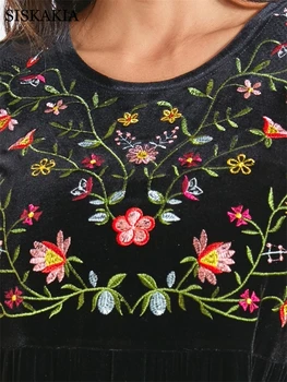 Črni Žamet Vezeni Cvetlični Maxi obleke za Ženske Jeseni Leta 2020 O Vratu Flare Dolg Rokav arabski Islamski Muslimanskih Oblačil Turčija