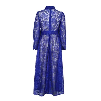 Ženske Obleke Temperament Čipke Obleko V Vratu Luč Rokav Izdolbel Vintage Obleke Seksi Dolge Obleke, Jeseni Leta 2020