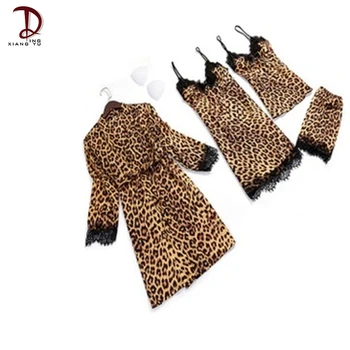 Ženske Pižame Štiri-Kos Svile Seksi Pižamo Evropski in Ameriški Leopard Tiskanja Suspender Krilo, Hlače, dvodelne Homewear
