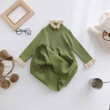 2019 Pozimi Novo Otrok Dekle Uho Rob Pletenje Volne Obleke Baby Dolg Rokav Vzročno Pulover Princesa Obleko Otroci Bombaž Obleko