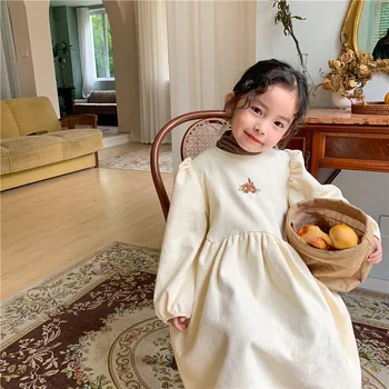 2020 Baby Otrok Dolg Rokav Vezenje Cvetlični Barva Puff Dolg Rokav Princesa Obleke Dekleta Jeseni Bombaž Moda Obleko