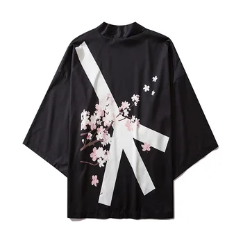 2020 Harajuku Japonski Valovi Priložnostne Tiskanja Cvet Kimono Ulične Moški Ženske Jopico Kitajski Znak Tanek Plašč Oblačila