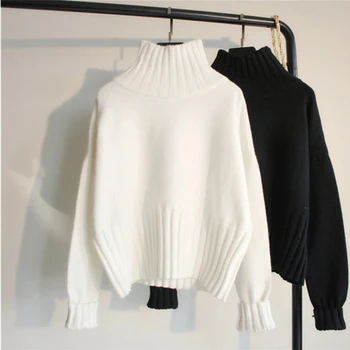 2020 jesen/zima puloverju ohlapen pulover visoko vratu majhne sveže sladka dolg rokav vrh bela