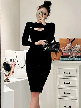 2020 Jeseni Novi Elegantni Modni Črno Pleteno Obleko Elegantno Ženske Dolgi Rokav Votlih iz Bodycon Stranka Obleko svinčnik