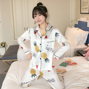 2020 Jeseni Ženske Pižame Postavlja z Cvet Natisniti Moda Luksuzni Ženski Umetno Svilo Dveh Kosov Majice + Hlače, spalne Srajce Sleepwear