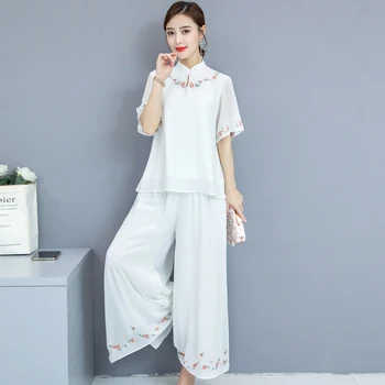 2020 kompleti za ženske poletje Nov Modni Priložnostne Dva-delni Set Ženskih kratek rokav vrhu široko noge hlače obleko Kitajski slog Šifon