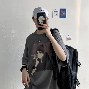 2020 Modi Anime Obleko Korejski Par T-Shirt Kpop Moških Oblačil Ulzzang Prevelik T Shirt Je Natisnjena Kratkimi Rokavi Moški