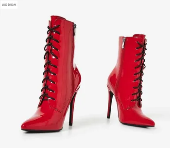 2020 nove ženske, rdeči čevlji zip gor ženske gleženj škorenjčki tanke pete lakasto usnje škornji ženske točke toe črni škornji čipke botas