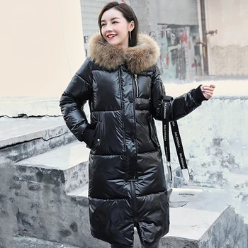 2020 zimskih X-dolgo sijoče trdna žensk parkas plus velikost s krzno ovratnik hooded debele korejskem slogu napihovalka plašči in jopiči za ženske