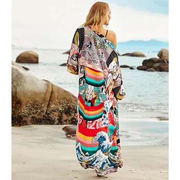 2021 Hitro sušenje Bohemian Tiskane Spredaj Odprti Poletje Plaža Obleko Plus Velikost Ženske Plažo Bombaž Tunika Kimono Jopico Q967