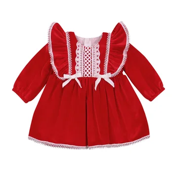 2021 Jeseni, Pozimi 6M-4Y Malčke Baby Dekle Rdeče Mah Čipke Dvojni Lok Ogrlicom Dolg Rokav Obleka Nazaj Zadrgo Otroci Obleko
