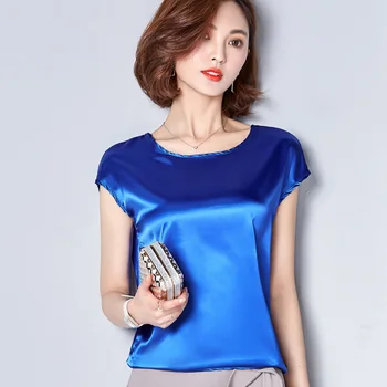 2021 Novo Svileno Bluzo Ženske Vrhovi Moda Elegantno O-neck Kratek sleeve Solid Majica Ženske Bluze Poletje Priložnostne Blusas Femininas