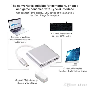 3 v 1 Tip-C Smart Adapter HDMI in združljiv/4K+PD Hitro Polnjenje+USB 3.0 USB Adapter Cepilec Za PC HDTV Miške, Tipkovnice