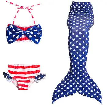3PCS/Set Ameriški ZDA Zastavo, Tiskanje Otroci morska deklica Rep Dekleta Kopalke Kostum Cosplay Otrok morska deklica Repi Oblačila