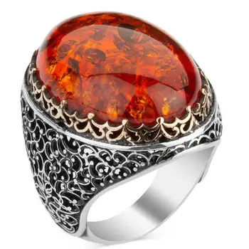 925 Sterling Srebro Moški Prstan z Velikim Sintetičnih Rdeče Oranžna Kamen Moda turški Premium Kakovosti Ročno Jawelery