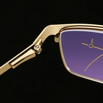 Anti-blue Ray Postopno Obravnavi Očala iz Nerjavečega Jekla Metal Full Frame Bralci Moške Pravokotne Multifocus Očala Zlato